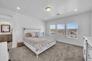 Carpeted bedroom featuring ensuite bathroom and sink