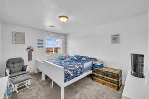 Carpeted bedroom featuring a textured ceiling