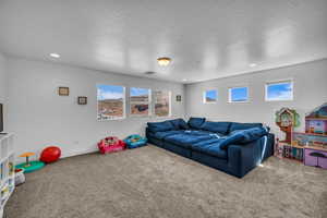 Living room featuring carpet floors and a textured ceiling