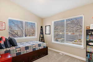 Bedroom featuring lofted ceiling and light colored carpet