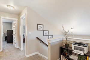 Staircase featuring carpet floors