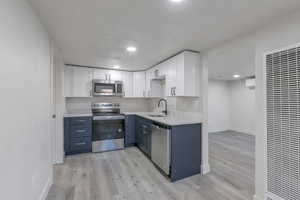 Kitchen featuring stainless steel appliances, sink, white cabinets, and light hardwood / wood-style flooring