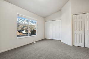 Unfurnished bedroom with carpet floors and lofted ceiling