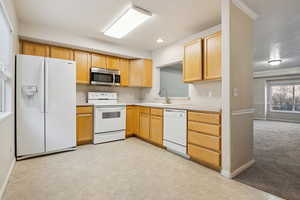 Kitchen with light colored carpet, white appliances, crown molding, and sink