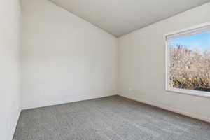 Carpeted empty room featuring vaulted ceiling and a wealth of natural light