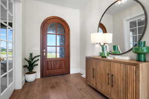 Entryway with dark wood-type flooring