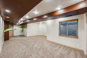 Basement featuring a textured ceiling and carpet