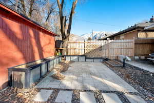 View of patio / terrace featuring a mountain view