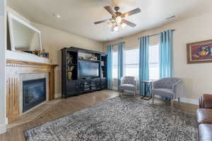 Living room featuring ceiling fan, a premium fireplace, and hardwood / wood-style floors