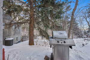 Yard covered in snow with cooling unit