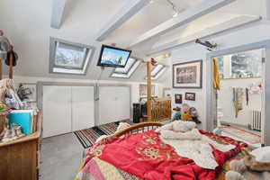 Bedroom with track lighting, radiator heating unit, lofted ceiling with skylight, and carpet floors