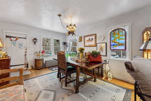 Dining room with plenty of natural light, a chandelier, and wood-type flooring