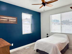 Carpeted bedroom with multiple windows and ceiling fan