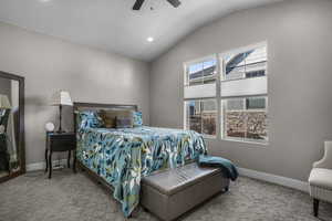 Master bedroom - very light and Carpeted bedroom with ceiling fan and vaulted ceiling