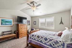 Carpeted bedroom, vaulted ceiling