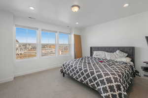 Bedroom featuring multiple windows and carpet floors