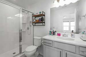 Bathroom with vanity, toilet, and an enclosed shower