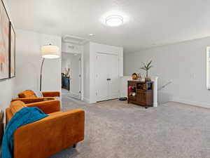 Sitting room with light carpet and a textured ceiling