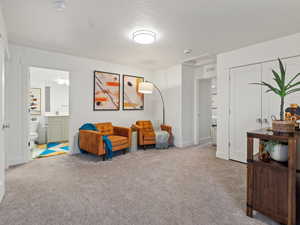 Living area with light colored carpet and a textured ceiling