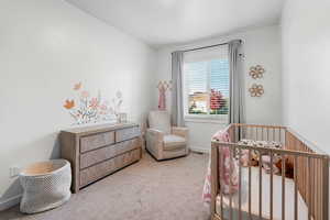 Bedroom featuring a crib and light colored carpet