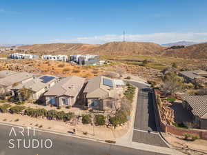 Bird's eye view with a mountain view nd golf course view