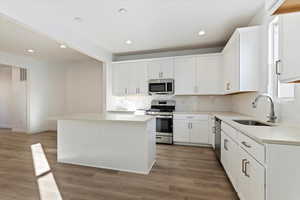 Kitchen featuring stainless steel appliances, a center island, sink, and white cabinets