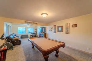 Recreation room with carpet flooring and pool table