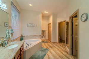 Bathroom featuring wood-type flooring, toilet, a bathtub, and vanity