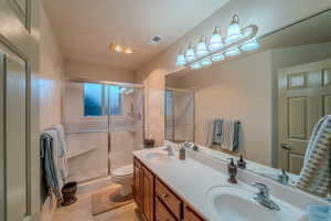 Bathroom featuring vanity, tile patterned flooring, a shower with shower door, and toilet