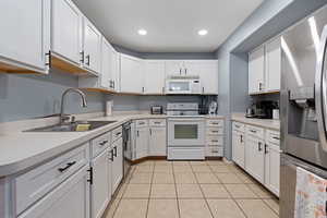 Kitchen featuring stainless steel appliances, white cabinetry, sink, and light tile patterned floors