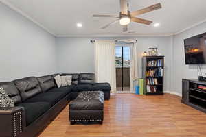 Living room featuring crown molding, ceiling fan, and light hardwood / wood-style flooring