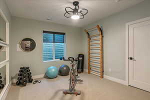 Exercise room featuring light carpet