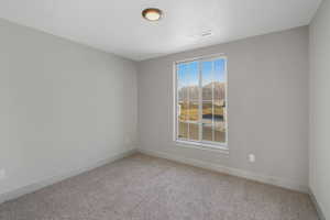 Spare room featuring a mountain view, a textured ceiling, and carpet flooring