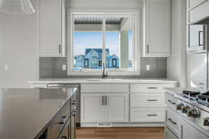 Kitchen with tasteful backsplash, sink, hardwood / wood-style floors, and white cabinets