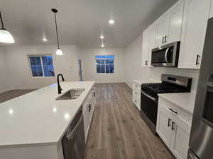 Kitchen with white cabinetry, appliances with stainless steel finishes, sink, and hanging light fixtures