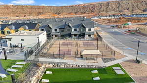 Birds eye view of property with a mountain view