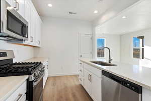 Kitchen with sink, stainless steel appliances, tasteful backsplash, light hardwood / wood-style floors, and white cabinets