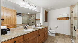 Bathroom featuring vanity, toilet, and an enclosed shower