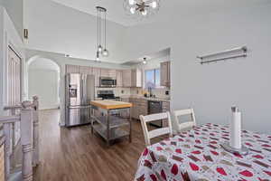 Dining space with lofted ceiling, sink, and dark hardwood / wood-style flooring