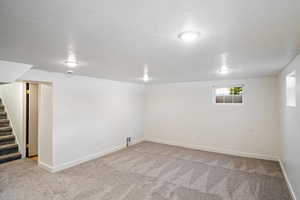 Basement featuring light colored carpet