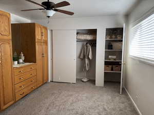 Primary bedroom featuring multiple closets, ceiling fan, light carpet