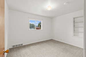 Carpeted bedroom featuring inset shelves and picture window