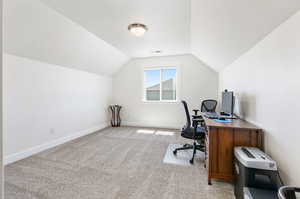 Carpeted bedroom featuring vaulted ceiling