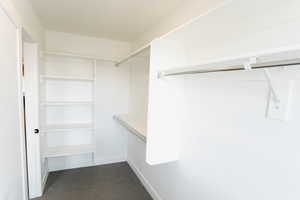 Walk in closet featuring dark colored carpet