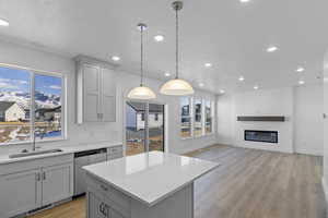 Kitchen with gray cabinets, pendant lighting, tasteful backsplash, sink, and stainless steel dishwasher