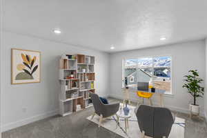 Office space with light carpet and a textured ceiling