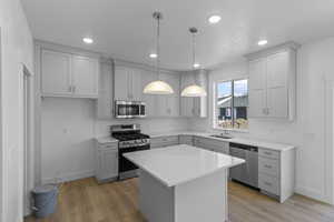 Kitchen featuring stainless steel appliances, a center island, sink, and gray cabinetry