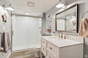 Bathroom with vanity, toilet, a textured ceiling, and walk in shower