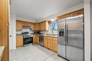 Kitchen with light tile patterned flooring, sink, light stone counters, tasteful backsplash, and stainless steel appliances