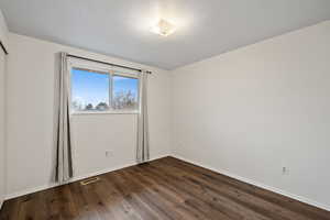 Unfurnished room with dark wood-type flooring and a textured ceiling